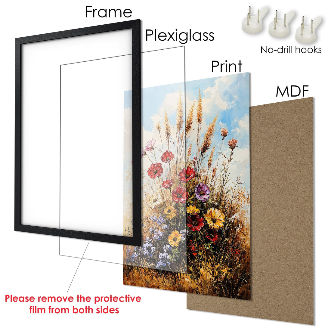 Framed Poster featuring a vibrant floral field painting. Warm color palette with blues, reds, and yellows. Ready to hang art!