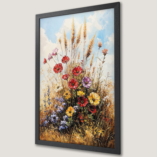 Framed Poster of vibrant wildflowers in impressionist style, with a warm, earthy color palette. Perfect wall art for your home!