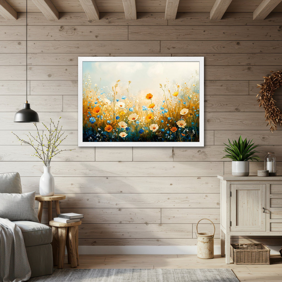 Framed Poster featuring a vibrant floral meadow in watercolor style with a warm, inviting color palette. Perfect wall art!