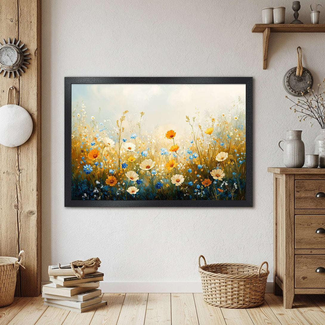 Framed Poster of wildflowers in a field. Impressionist style, warm color palette of orange, yellow, blue, and green. Home decor.