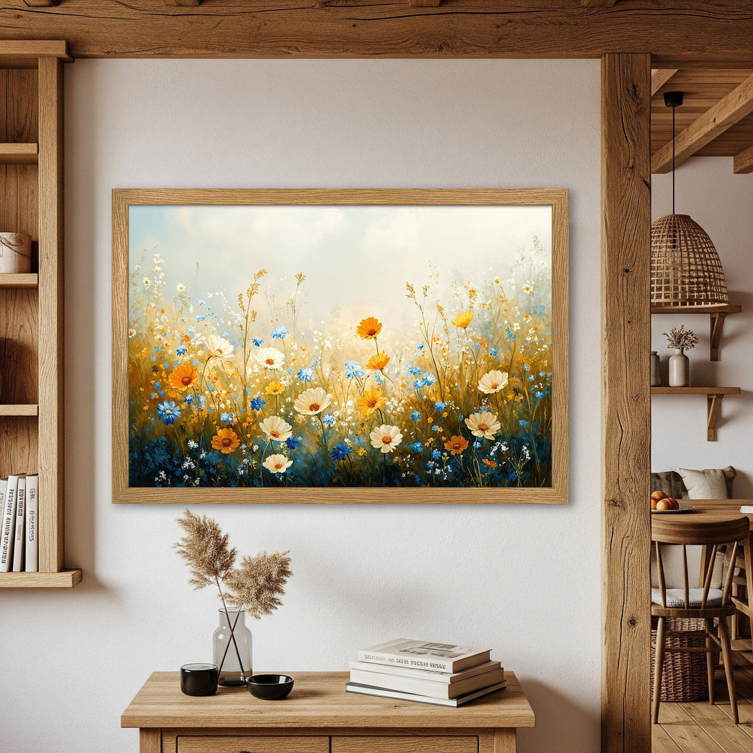 Framed Poster of a vibrant wildflower meadow painting. Warm, inviting color palette with blues, yellows, and oranges. Perfect wall art for any space.