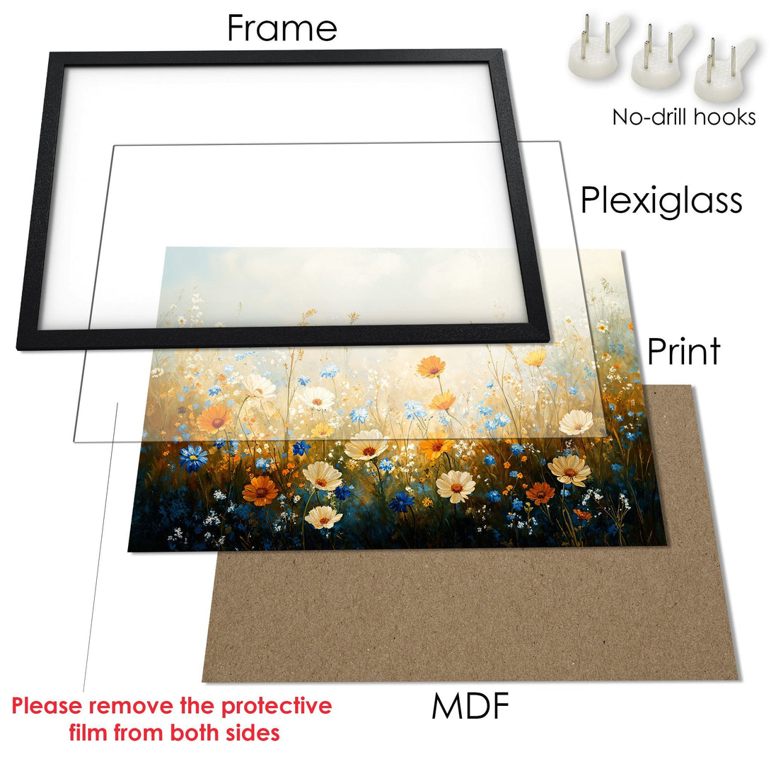 Framed Poster of a vibrant floral field painting, featuring warm orange, blue, and white hues. Perfect art for your home!