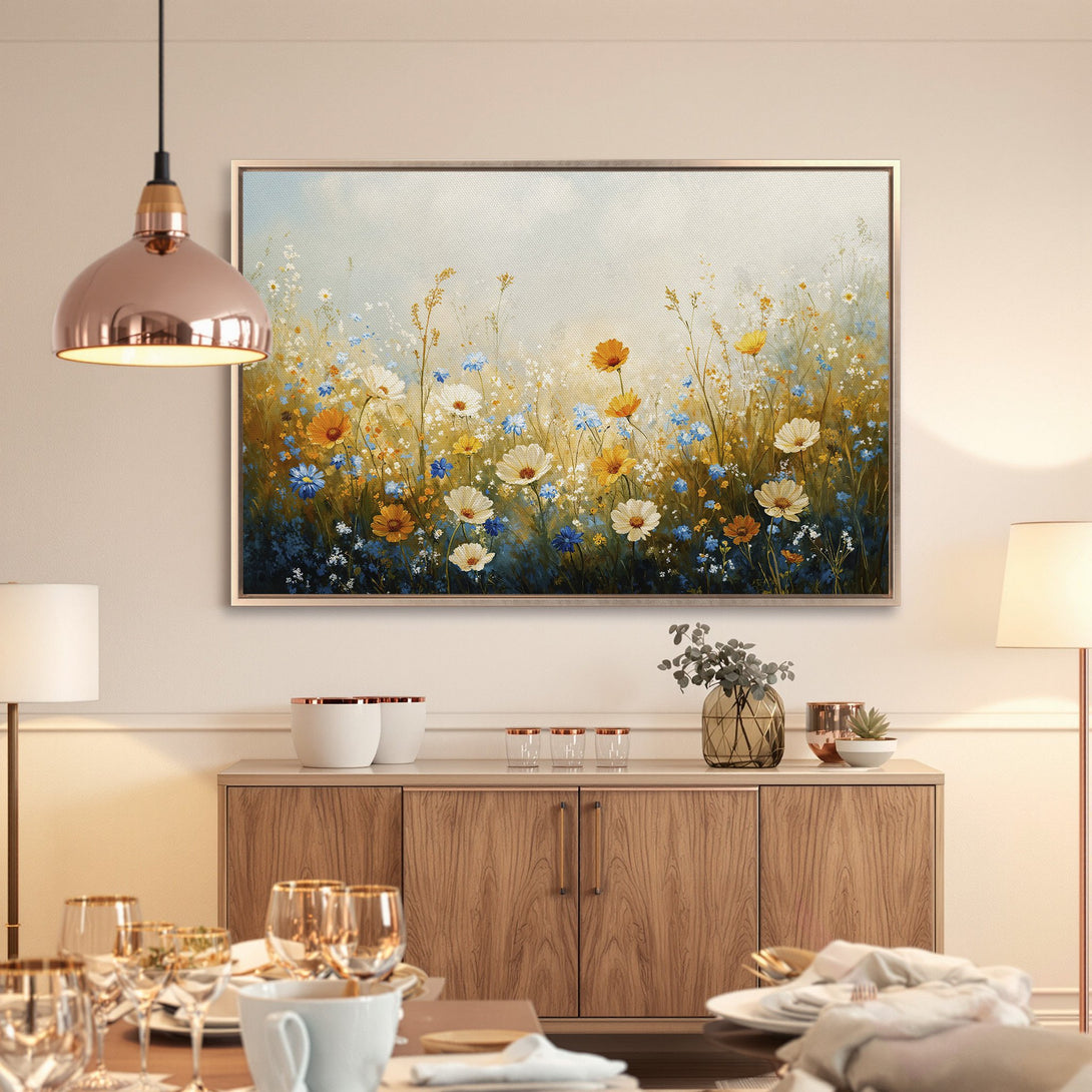 Framed Wall Art: Floral canvas print with wildflowers in blue, yellow, and white. Perfect for adding a touch of nature to your home decor.