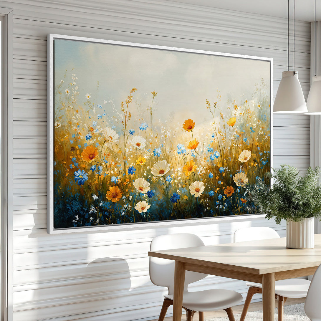 Framed Wall Art: Impressionistic floral canvas print with vibrant yellow, blue, and white wildflowers. Beautiful artwork for your home decor.