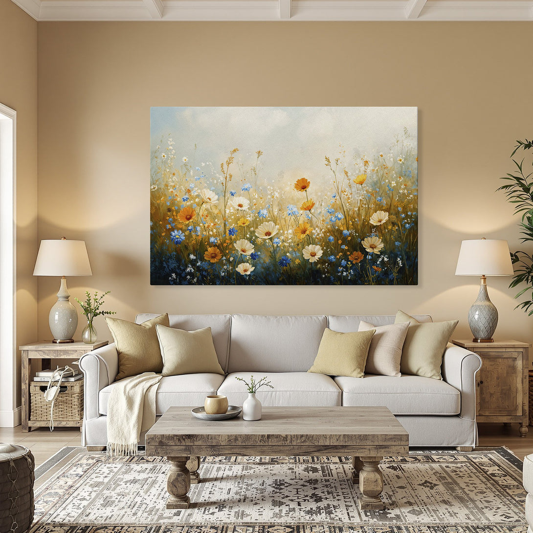 Framed Wall Art: Floral Canvas Print in warm tones. Impressionistic style with orange, blue, and white flowers, perfect for living room decor.