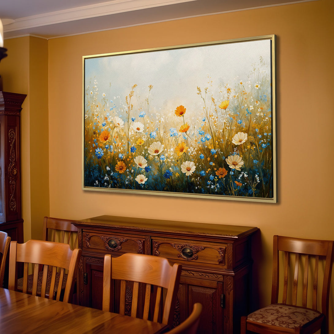 Canvas Print of a wildflower meadow in warm tones. Adds a touch of nature and serenity to any space. Perfect for living rooms.