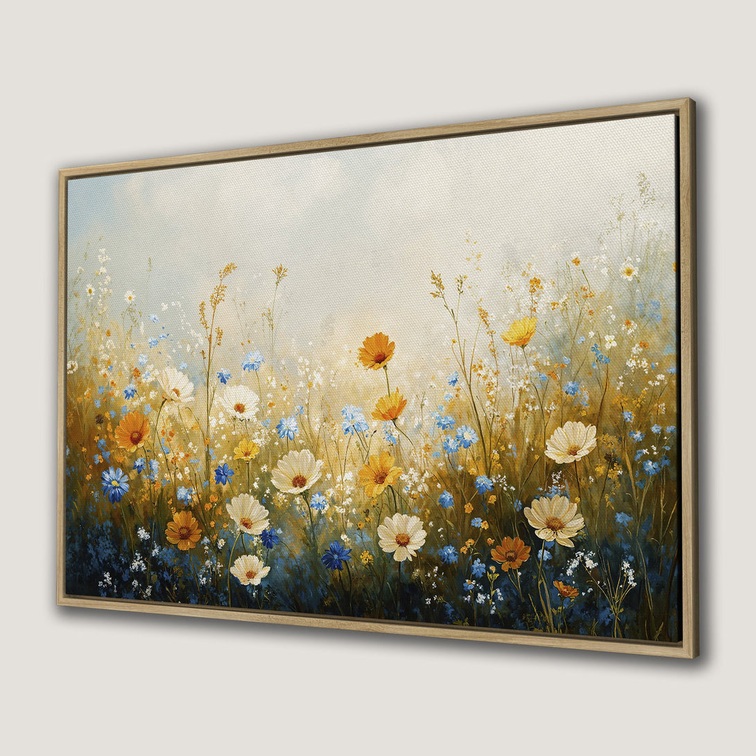 Canvas Print of a wildflower meadow painting in a light wood frame. Features a warm color palette of yellows, blues, and white.