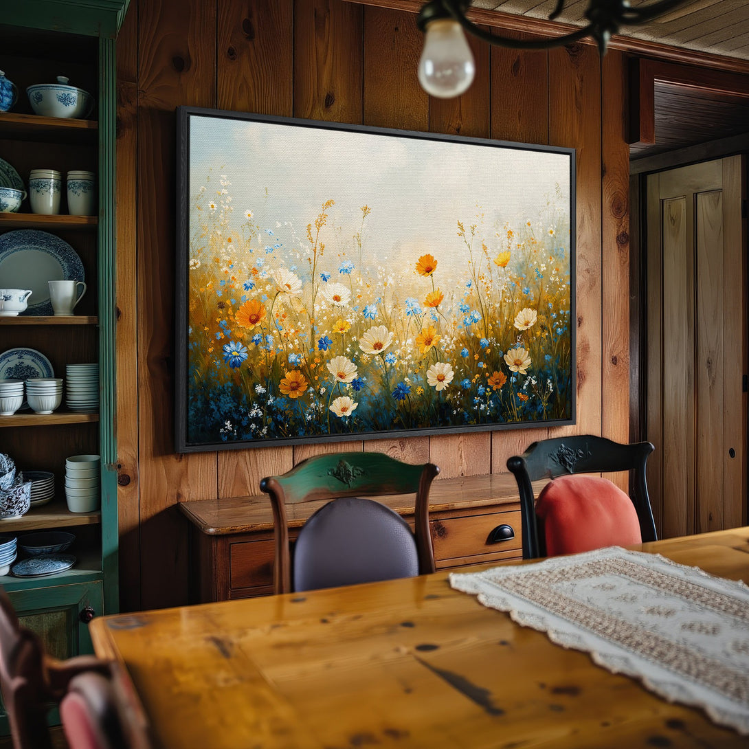 Framed Wall Art: Floral canvas print with wildflowers in a warm color palette of yellow, orange, blue, and white. Perfect for adding a touch of nature to your home!