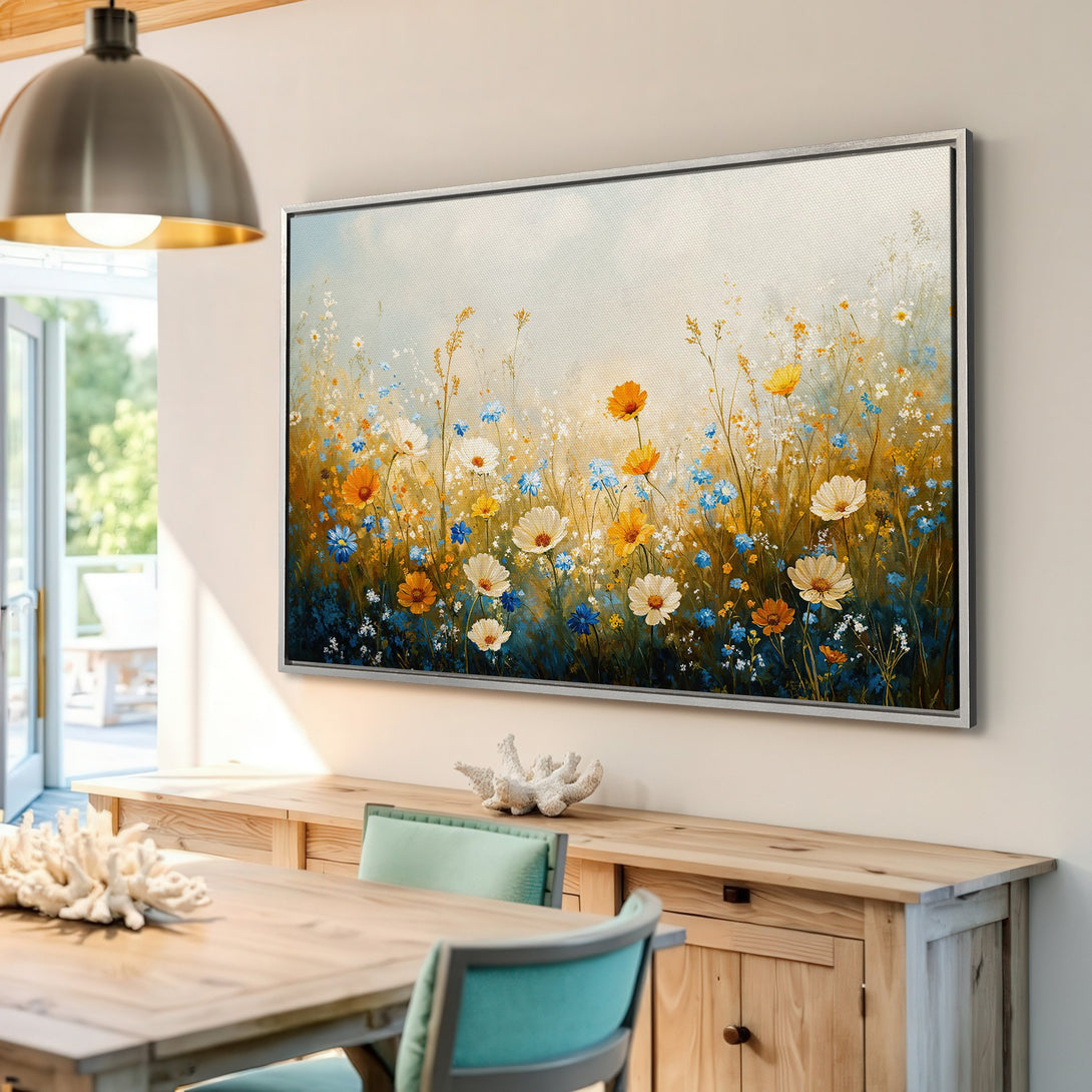 Framed Wall Art: Watercolor style floral Canvas Print in a bright interior. Features a vibrant palette of yellows, blues, and whites. Perfect for any space!