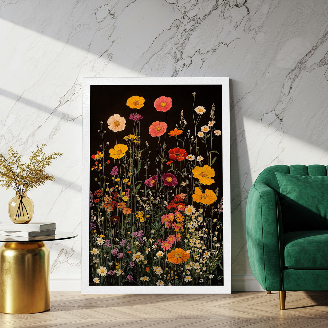 Framed Poster featuring vibrant floral art on a black background. Modern style with a colorful palette of yellows, pinks, and oranges.
