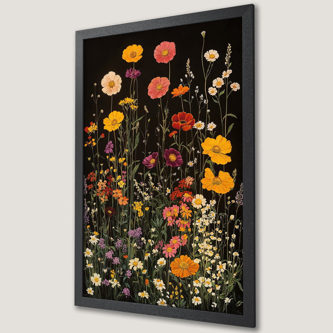 Framed Poster featuring vibrant wildflower art on a black background. Botanical illustration with a colorful, warm palette. Perfect wall decor!
