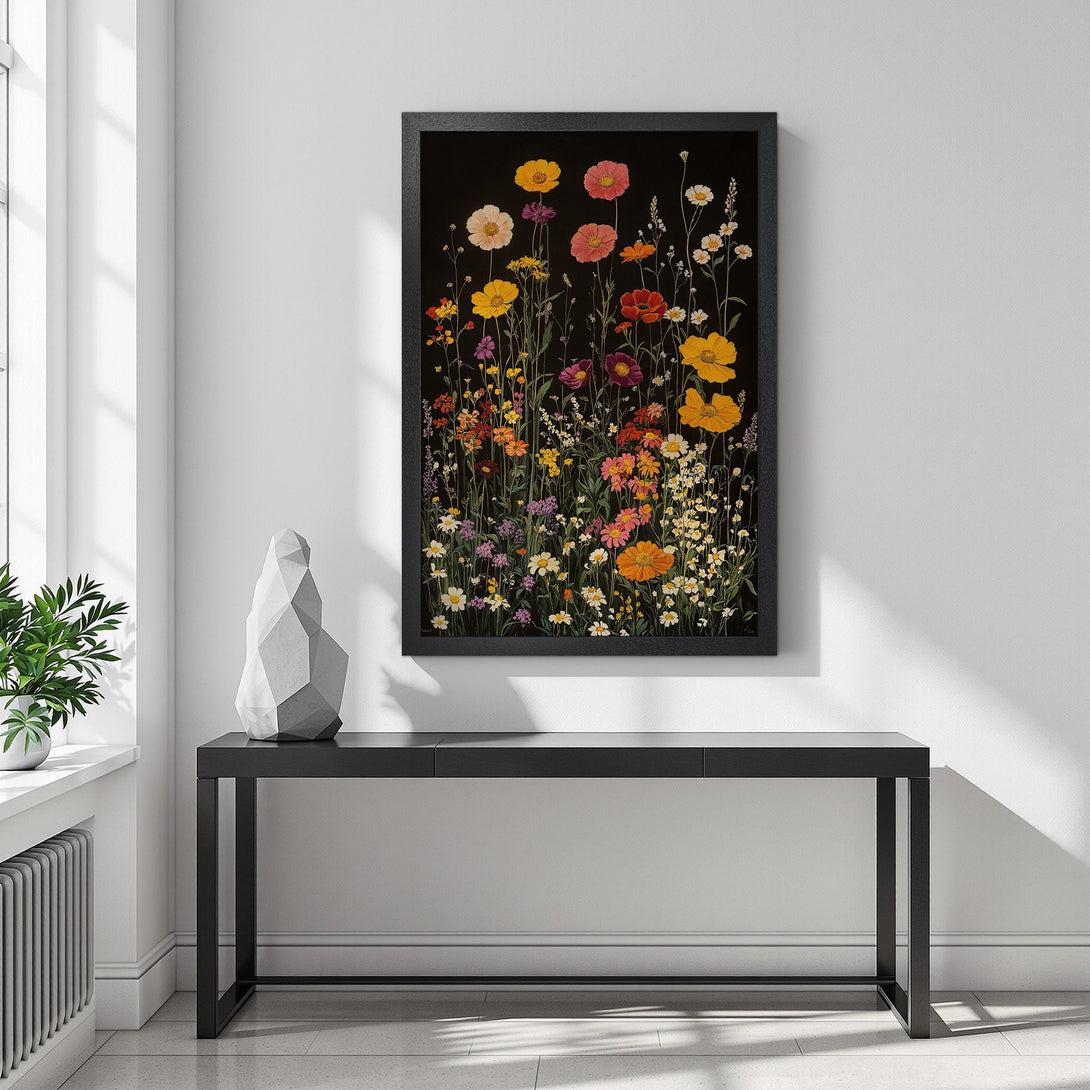 Framed Poster featuring vibrant floral art on a black background. Colorful wildflowers in a modern, stylish print. Perfect wall decor.
