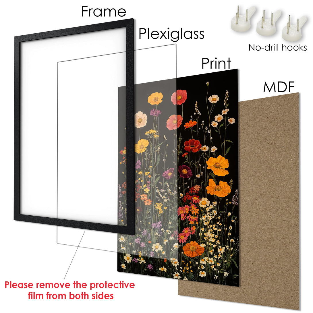Framed Poster featuring colorful floral art on black background. Modern style, vibrant color palette. Ready to hang.