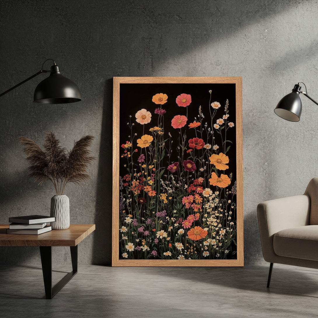 Framed Poster featuring vibrant floral art in warm tones. Perfect wall decor to brighten any space.