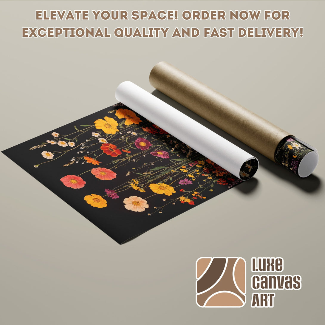 Floral Poster Roll with black background. Modern art print with vibrant colors. Order now for fast delivery!
