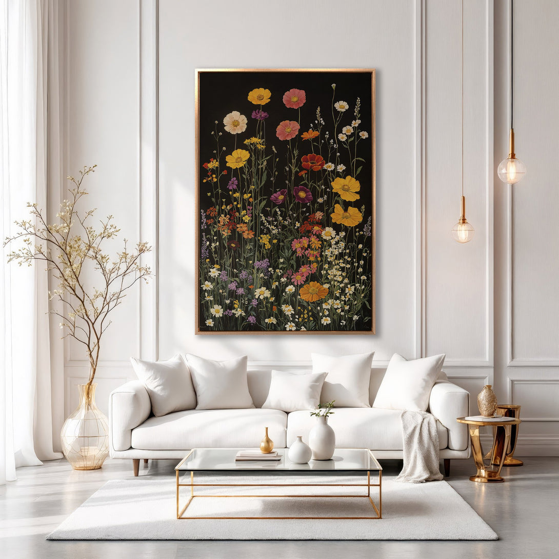 Framed Wall Art: Botanical floral print with vibrant blooms on a black background. Adds a touch of nature with a warm, colorful palette to any interior.