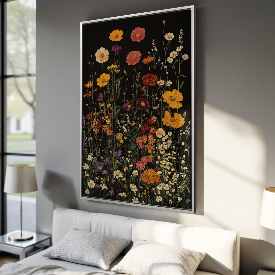 Framed Wall Art featuring vibrant floral artwork with a black background. Botanical illustration in warm, colorful tones for a stylish home decor accent.
