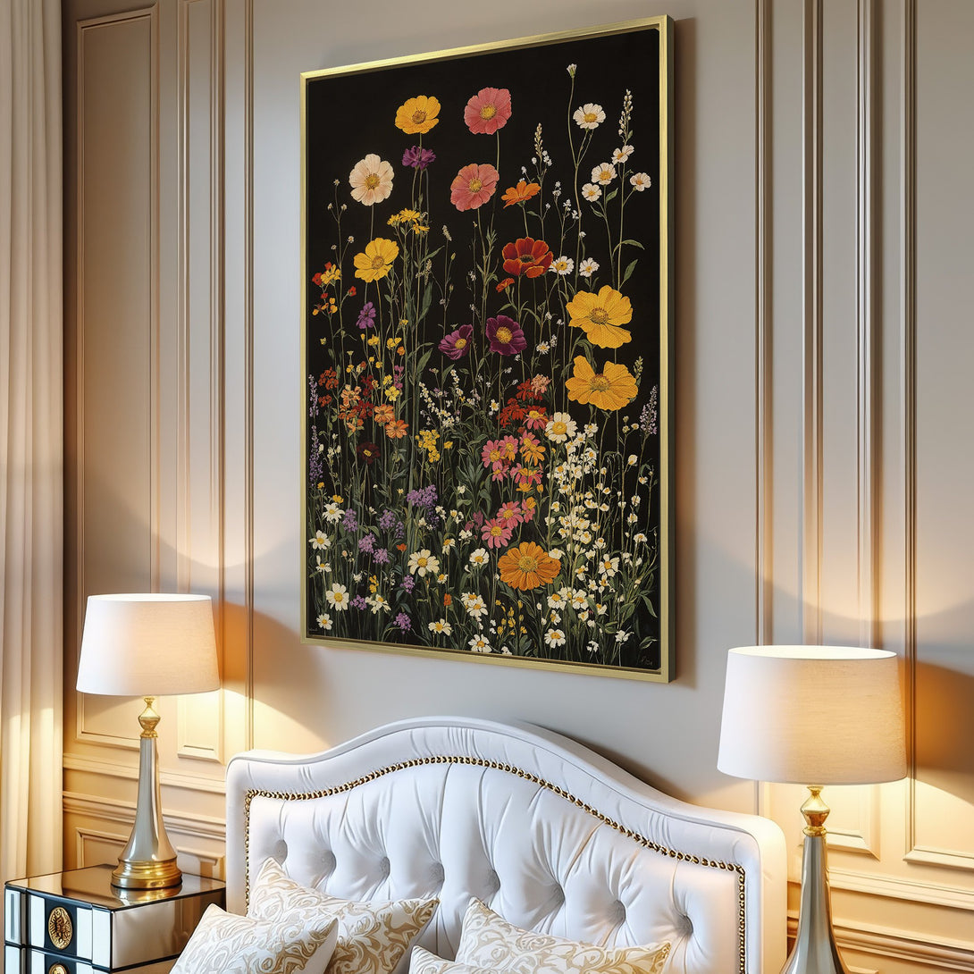 Canvas Print featuring a vibrant floral meadow against a dark background. Botanical art in warm, colorful tones, perfect for any interior.