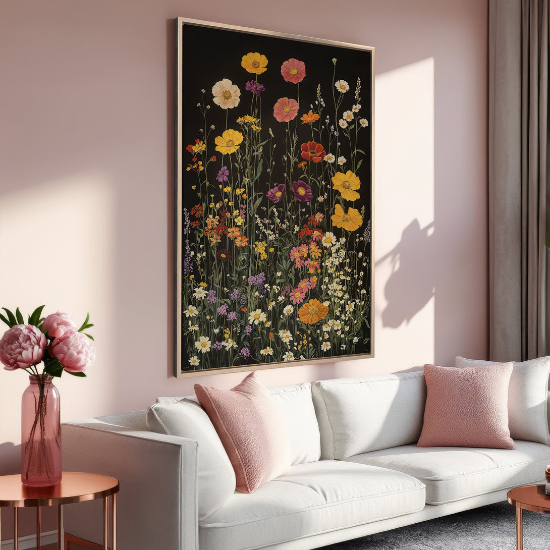 Framed Wall Art of colorful wildflowers on a black background. Beautiful floral art with a warm, inviting color palette. Perfect for home decor.