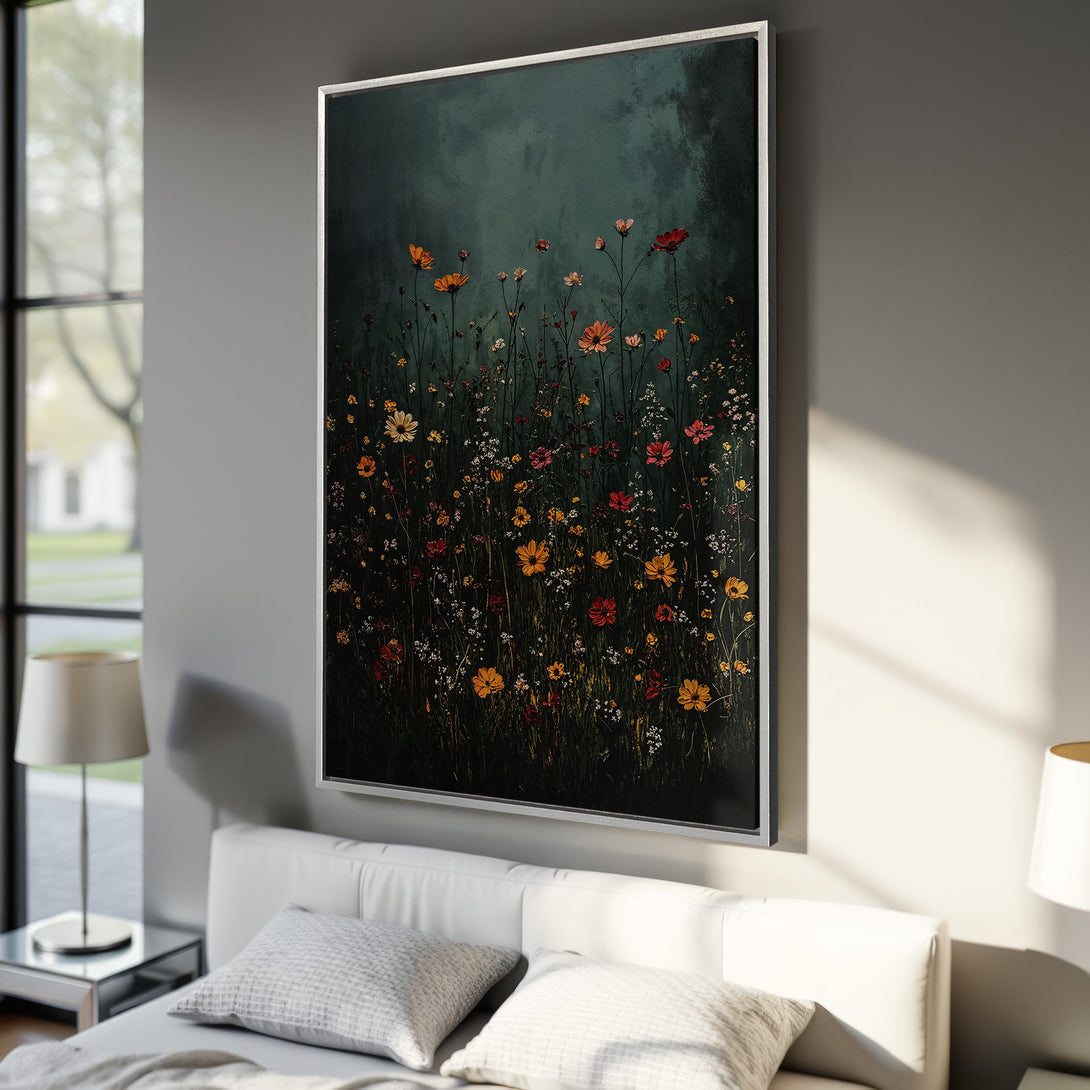 Framed Wall Art: Floral Canvas Print in moody tones. Features wildflowers in a dark green, red, and yellow color palette. Perfect for adding a touch of nature.