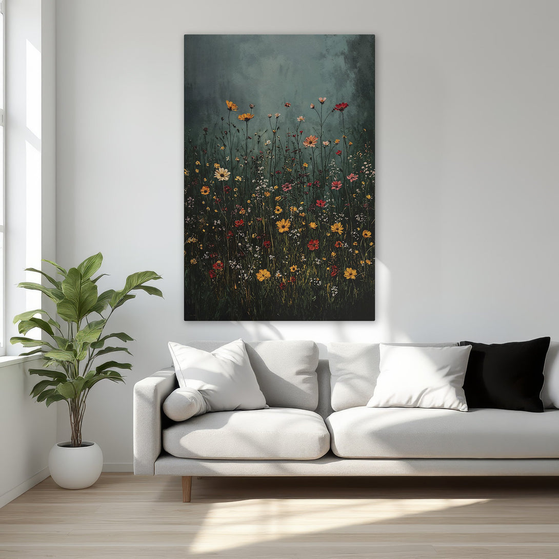 Framed Wall Art featuring a floral meadow in a moody, dark green and gold color palette. Enhance your home with this beautiful Canvas Print!
