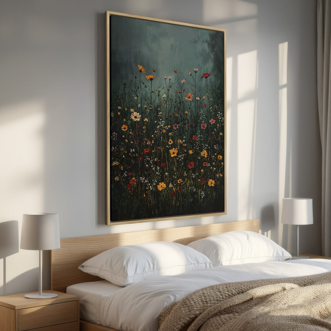 Framed Wall Art: Botanical print with wildflowers in a bedroom. Moody, dark green background with pops of yellow, red, and orange. Perfect for adding a touch of nature.