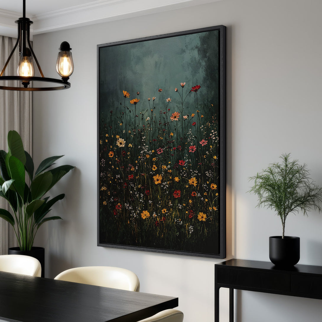 Framed Wall Art featuring a floral meadow in a moody style with a dark green and warm color palette. Perfect for adding a touch of nature to your home.