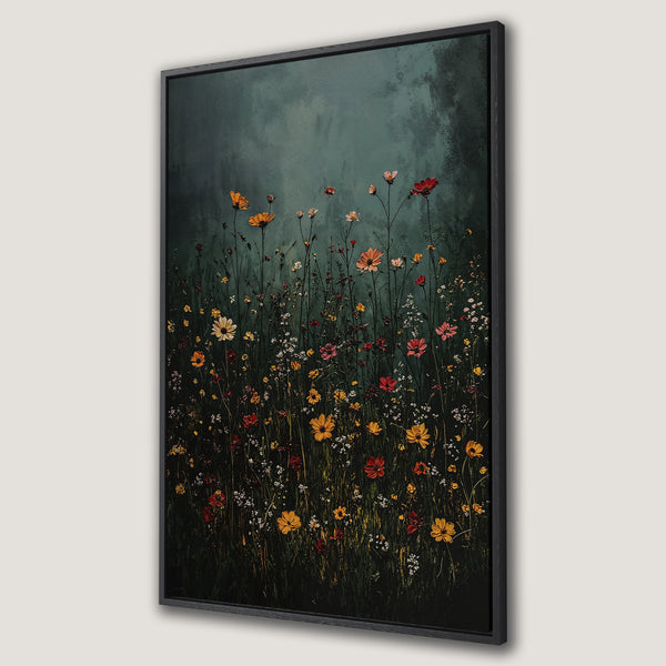 Framed Wall Art featuring wildflowers in a moody, painterly style. Earthy color palette with pops of yellow, orange, and red. Perfect for adding a touch of nature.