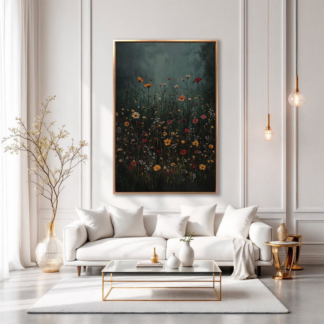 Framed Wall Art: Floral meadow canvas print in a modern interior. Dark, moody color palette with pops of yellow, red, and white. Elevate your space!