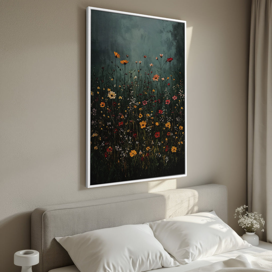 Framed Wall Art featuring a field of wildflowers in a dark, moody style with a warm color palette. Perfect for adding a touch of nature to your bedroom decor.