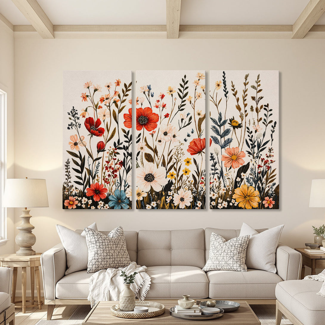 Canvas Print triptych of vibrant floral artwork in a warm, inviting living room. Features a colorful palette of reds, oranges, blues, and yellows. Modern farmhouse style.