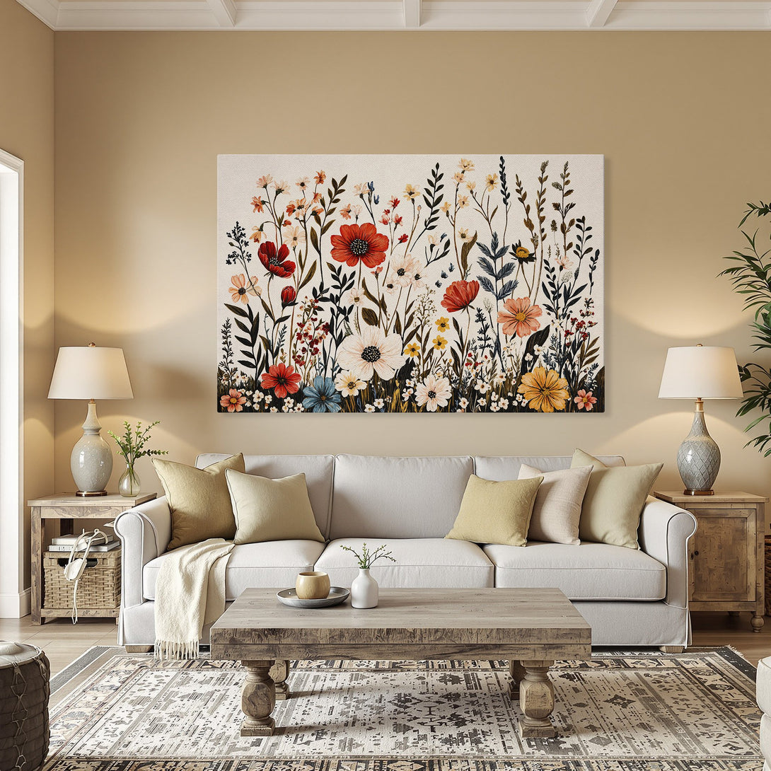 Framed Wall Art: Vibrant floral Canvas Print in a dining room. Features a botanical design with red, orange, yellow, and blue flowers. Adds warmth and style to any space.