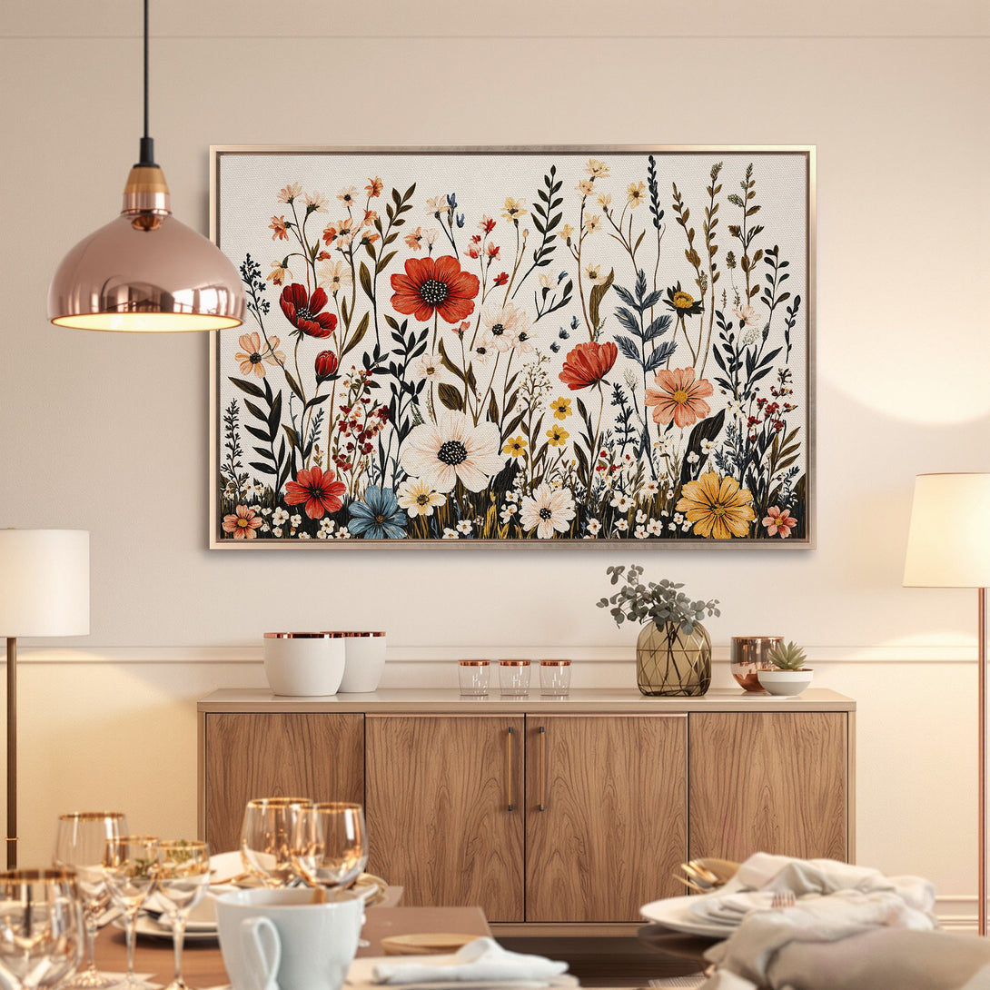 Framed Wall Art featuring a vibrant floral meadow. Warm, inviting colors of red, orange, and yellow create a cozy, farmhouse style. Perfect for any room!