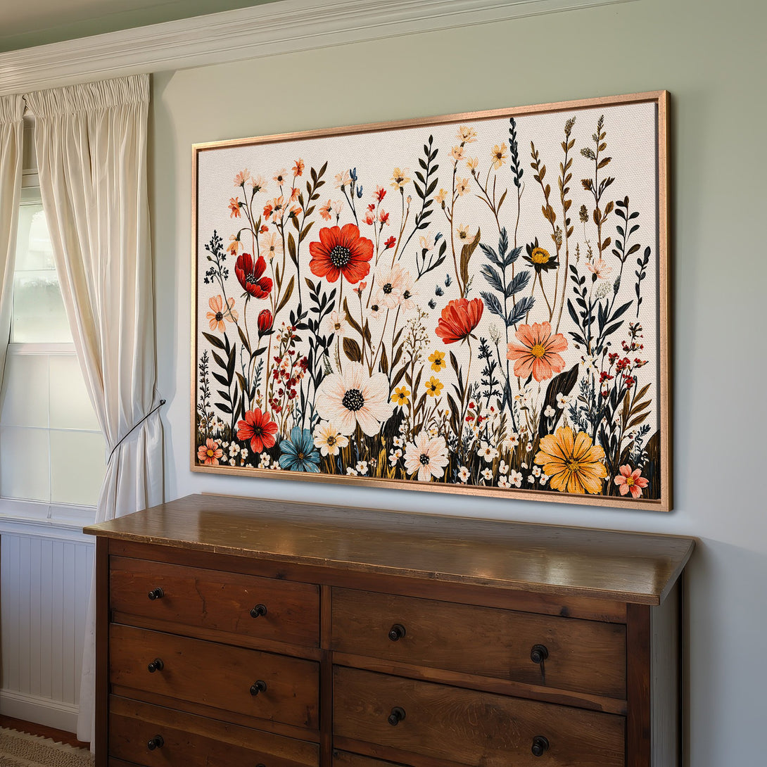Framed Wall Art featuring a vibrant floral design in a botanical style with a warm, colorful palette. Perfect for adding a touch of nature to your home!