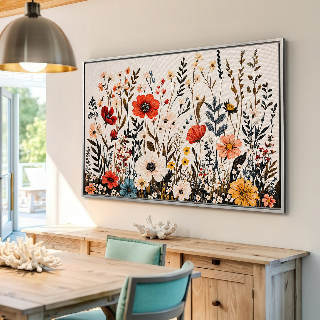 Framed Wall Art: Floral Canvas Print with vibrant red, orange, and yellow flowers. Botanical art in a bright, colorful style, perfect for home decor.