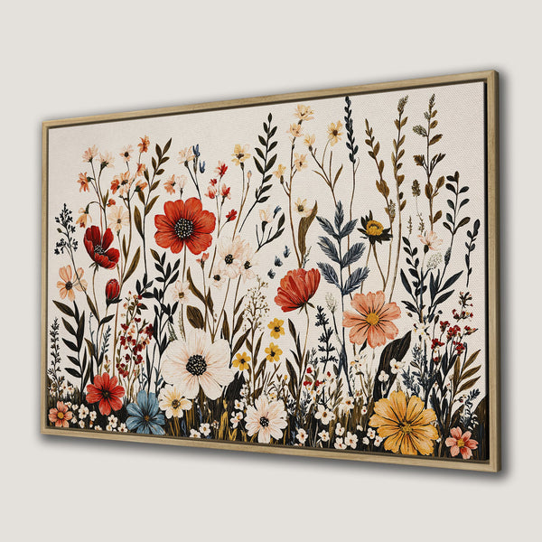 Framed Wall Art: Floral Canvas Print with watercolor style wildflowers in red, yellow, and blue hues. Perfect for adding a touch of nature!