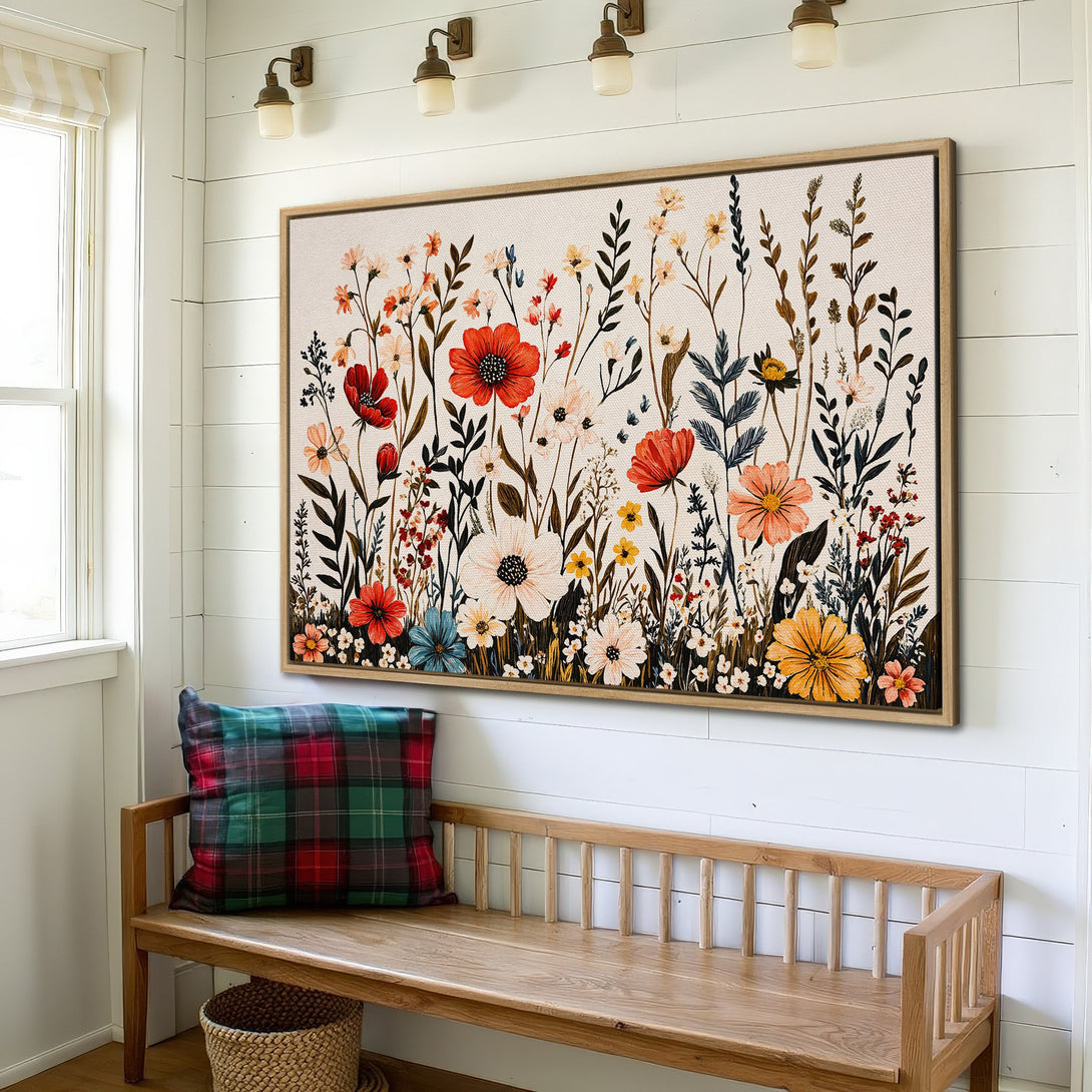 Framed Wall Art featuring a vibrant floral design in red, orange, and cream tones, perfect for adding a touch of nature to your home decor.