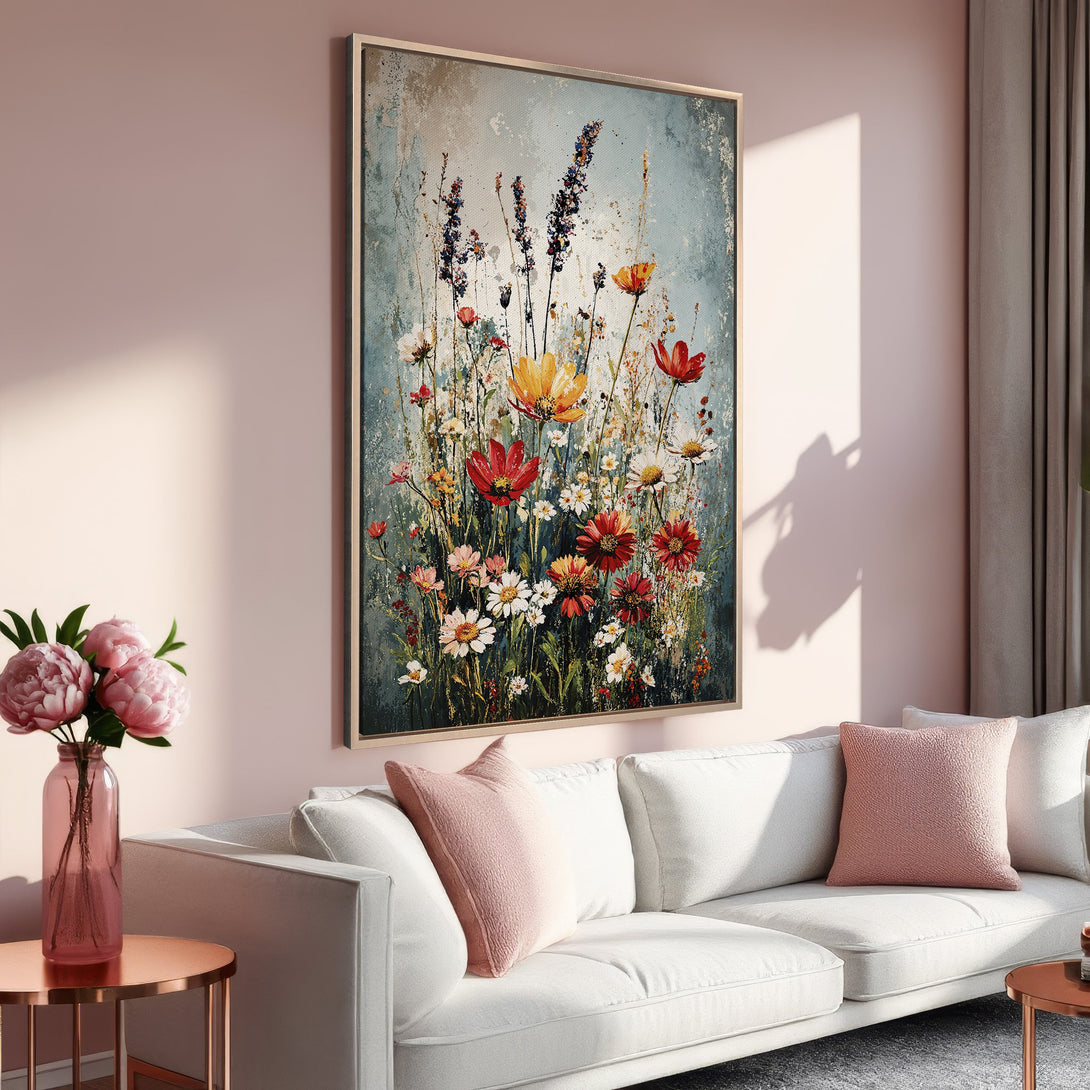 Framed Wall Art: Stunning floral painting in a modern style. Featuring a vibrant color palette of red, yellow, and blue. Perfect for adding a touch of elegance.