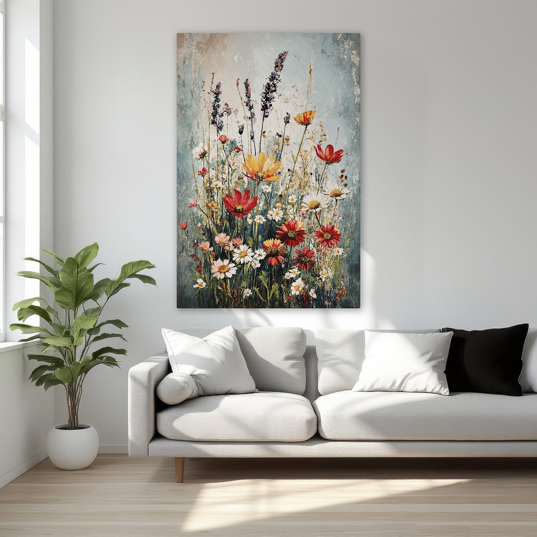 Framed Wall Art: Floral Canvas Print with vibrant red, yellow, and white flowers on a blue-green background. Adds a touch of elegance to any room.