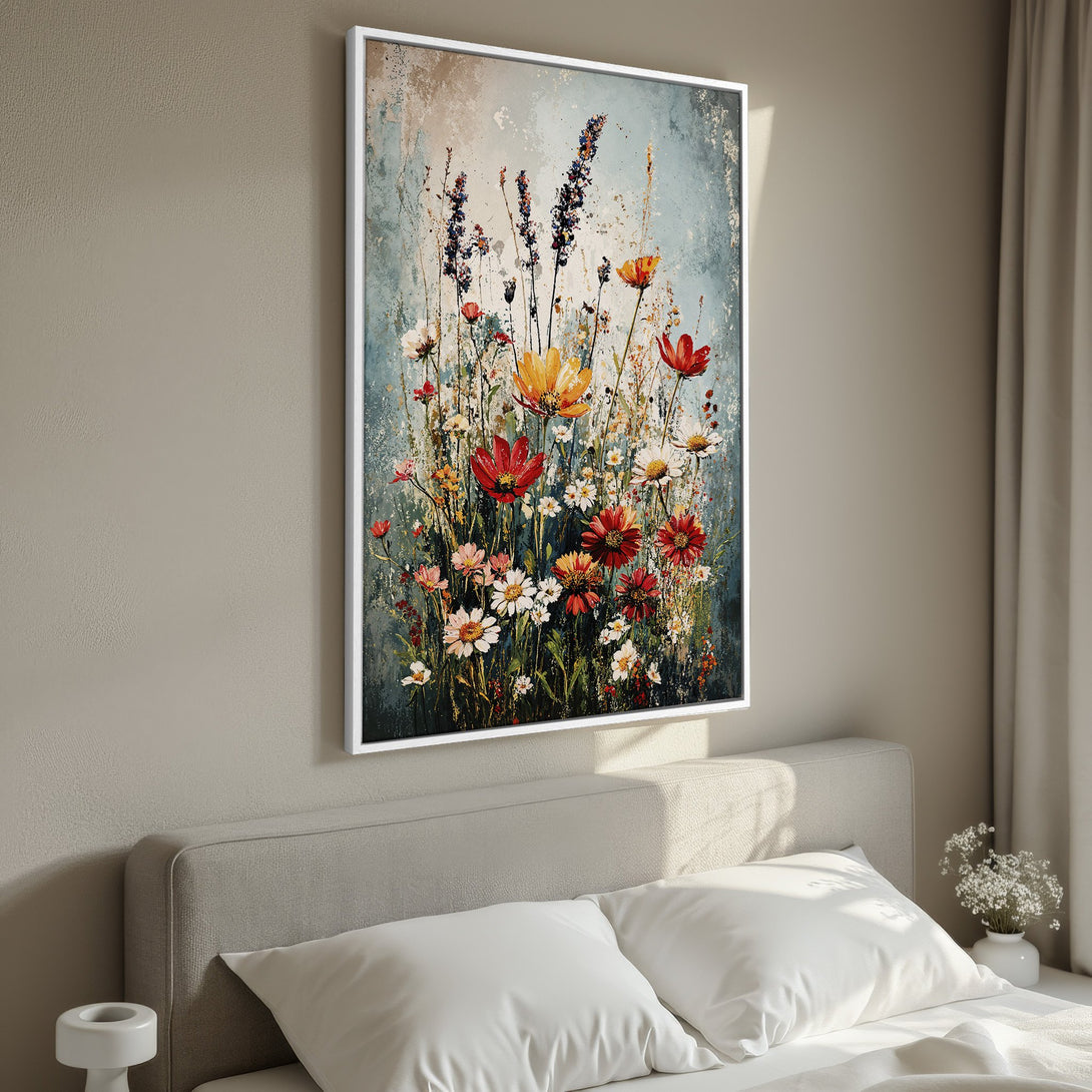 Framed Wall Art featuring a vibrant floral painting with a textured style and a warm color palette of reds, yellows, and blues, perfect for bedroom decor.