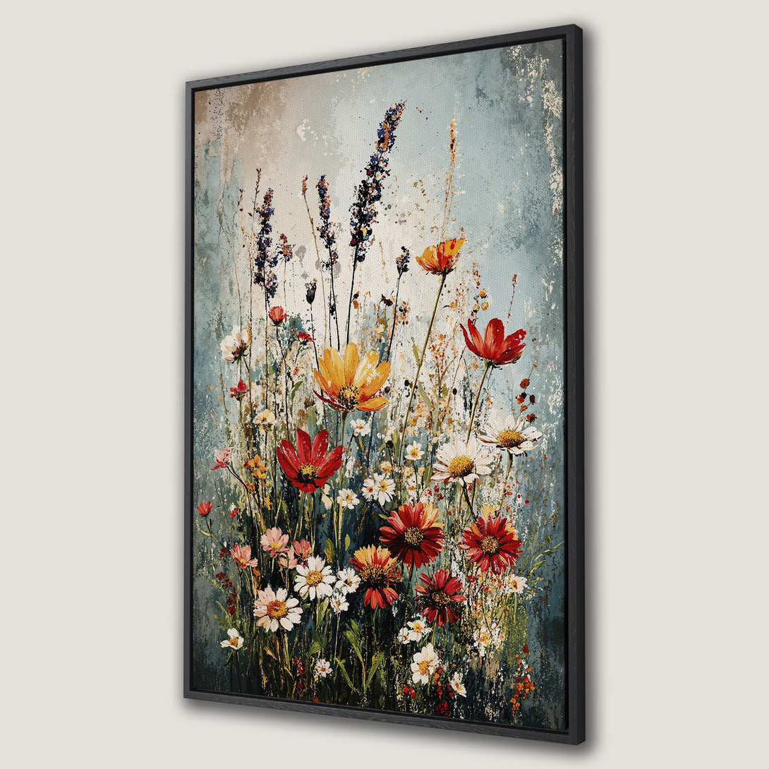Framed Wall Art featuring a vibrant floral painting. Impressionistic style with a blue, red, and yellow color palette. Perfect for adding a touch of nature to your home.