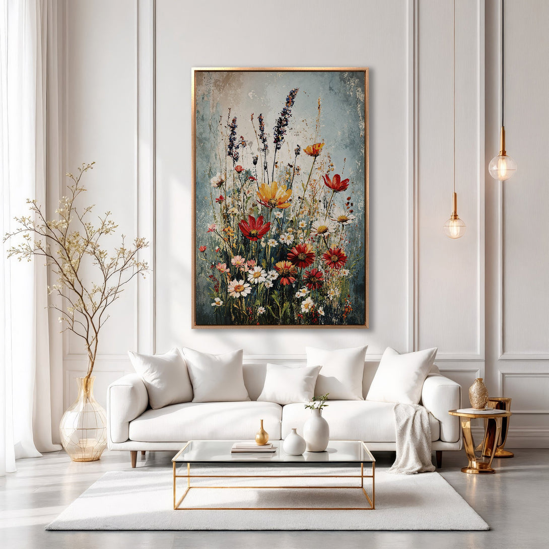 Framed Wall Art featuring a vibrant floral painting in a modern living room. The artwork showcases a colorful palette with red, yellow, and blue hues.