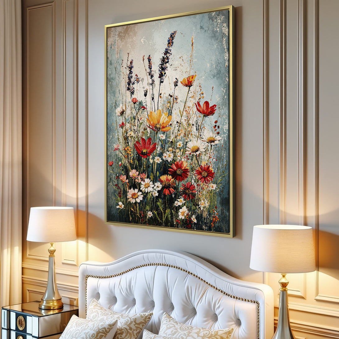 Canvas Print of vibrant wildflowers in a painterly style, featuring a warm color palette of reds, yellows, and blues. Perfect wall art for your home!