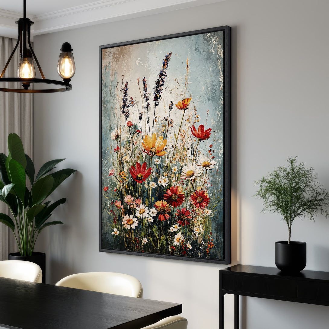 Framed Wall Art: Abstract floral painting in red, yellow, and white hues. Modern art canvas print for a stylish home decor upgrade.
