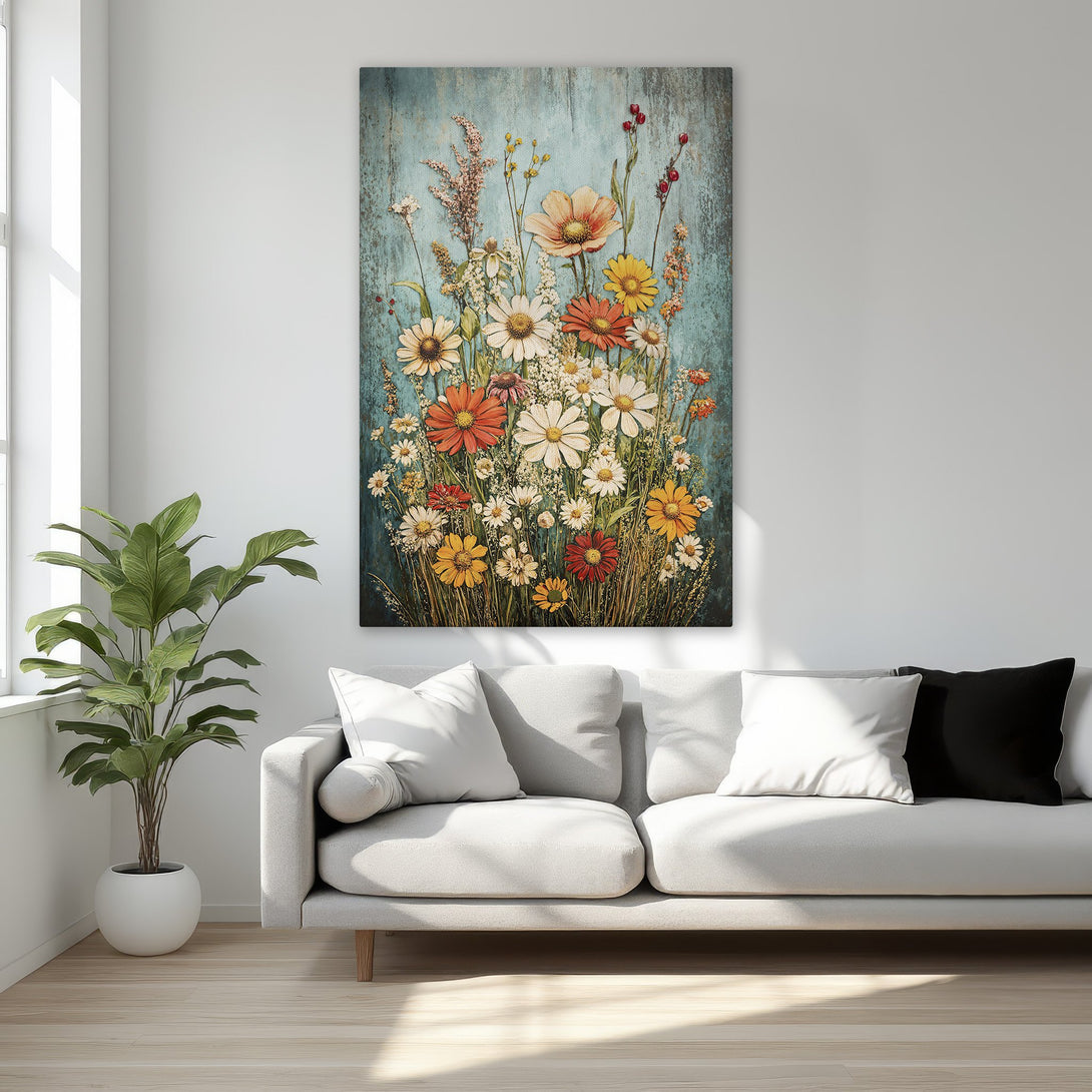 Framed Wall Art featuring a vibrant floral bouquet on a textured blue background. Warm color palette adds a touch of elegance to any interior.