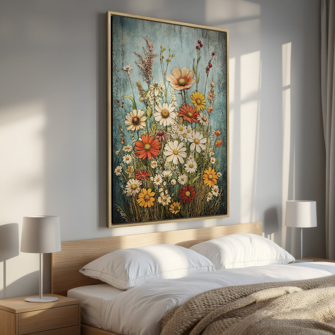 Framed Wall Art: Floral canvas print with vibrant daisies and wildflowers in a rustic style, featuring a blue and warm color palette. Perfect bedroom decor!