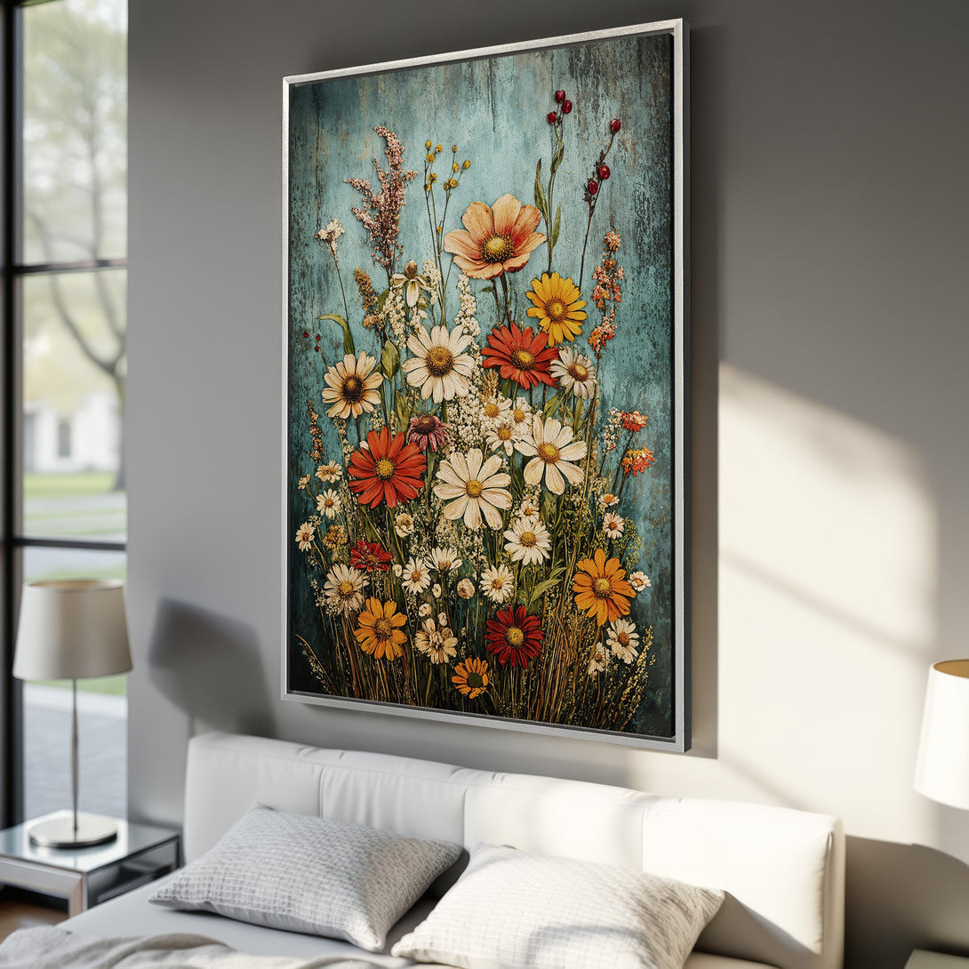 Framed Wall Art featuring a vibrant floral arrangement with a rustic, vintage style. The artwork uses a warm, earthy color palette, perfect for bedroom decor.