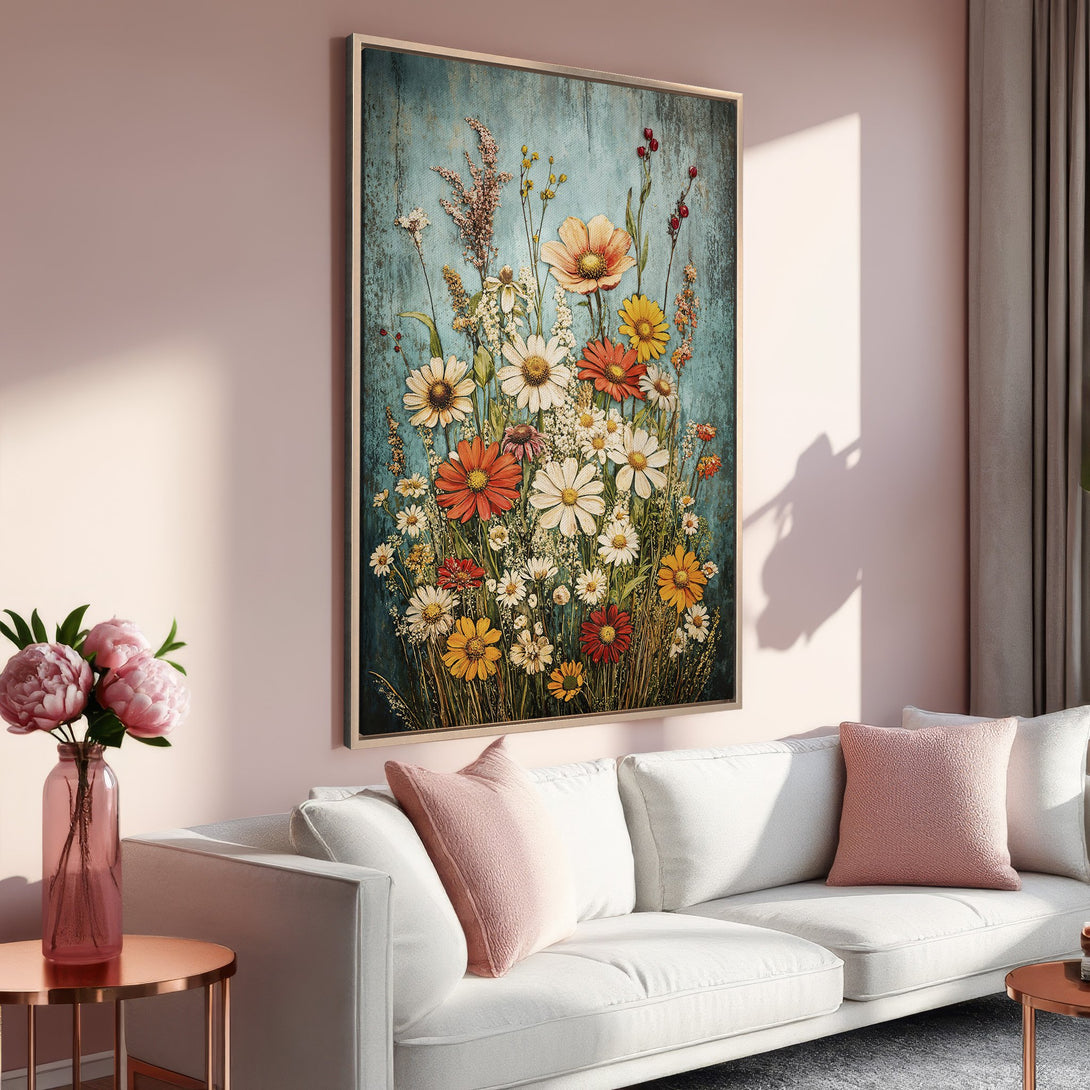 Framed Wall Art: Floral print in warm tones. Rustic style canvas print featuring wildflowers on a teal background. Perfect for adding a touch of nature to your space.