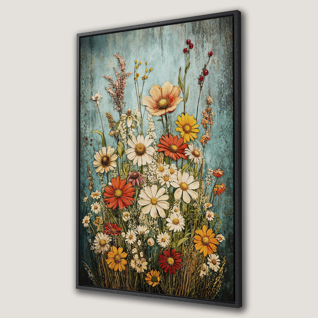 Framed Wall Art featuring a vibrant floral bouquet on a teal background. Rustic style with warm, earthy tones and pops of red, yellow, and white.