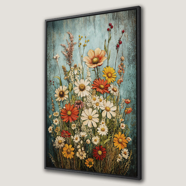 Framed Wall Art featuring a vibrant floral bouquet on a teal background. Rustic style with warm, earthy tones and pops of red, yellow, and white.